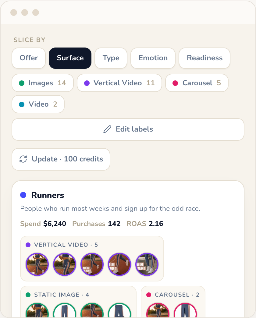 The Creative Diversity persona report in the Wilow app: customer personas, each with its spend, purchases, ROAS and ads